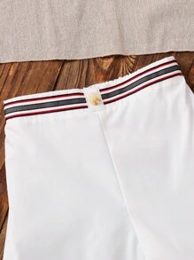 SHEIN 2 件/套平价休闲运动学院风彩色条纹丝带装饰 Polo 领短袖衬衫和卡其色梭织短裤套装，适合日常穿着、运动、郊游、校园、聚会、节日、拍照、返校季、春夏季 - 黃色 - 查看 6