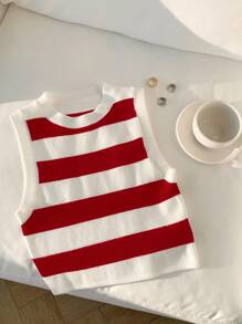 Comfortcana 夏季大码休闲条纹无袖针织上衣 - 紅白色 - 查看 5