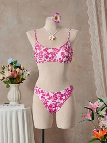 SHEIN Swim 全身印花比基尼套装，两件套泳衣泳装沙滩装夏季度假，夏日海滩 - 彩色 - 查看 8