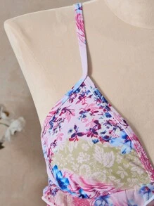 SHEIN Swim 女士碎花荷叶边可调节高腰度假吊带比基尼上衣 - 粉色 - 查看 11