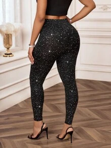 SHEIN Lady 女士时尚派对闪光高腰紧身裤女士秋季生日老款女士优雅女士约会之夜女士生日基本款女士派对闪亮