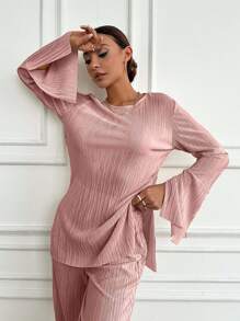 EURMUSE 2pcs Set Casual Solid Color Flare Sleeve Top And Pants - Watermelon Pink - View 4