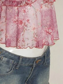 Sweetina Women's Sexy Ruffle Edge Print Cropped Backless Cami Top - Burgundy - View 3