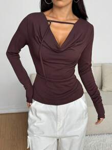 SHEIN EZwear Women's Elegant Night Out Shades Of Brown Solid Cutout Drape Collar Fitted Long Sleeve T-Shirt,Autumn Chocolate Brown Minimalism Goth Tops - Brown - View 1