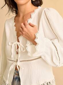 CAJUNI 女士休闲时尚百搭系带长袖衬衫 - 白色 - 查看 6