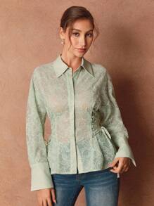 SHEIN Unity Grön Elegant Romantisk Broderad Paljett Halvtransparent Blus Med Justerbar Midja Och Rosett Med Dragsko - Grön - Visa 4