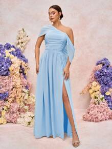 SHEIN Belle 优雅浪漫雪纺不对称露肩褶饰垂袖高开衩 A 字下摆连衣裙，适合婚礼、派对、约会、伴娘 - 淺藍色 - 查看 7