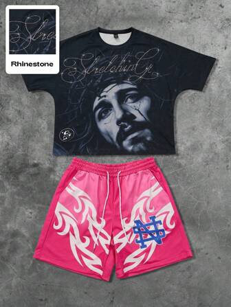Street Life Herren Streetwear American Jesus T-Shirt Set mit Strass-Grafik-Muster, Kurzarm
