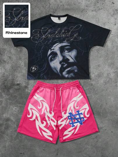 Street Life Conjunto de camiseta de manga corta con gráfico impreso de Jesús estadounidense con strass para hombre