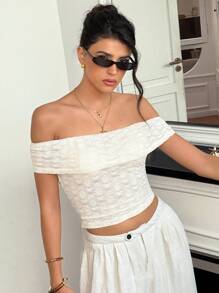 Roylia Women's Apricot Textured Sheer Fitted Cold-Shoulder Top - Apricot - View 5