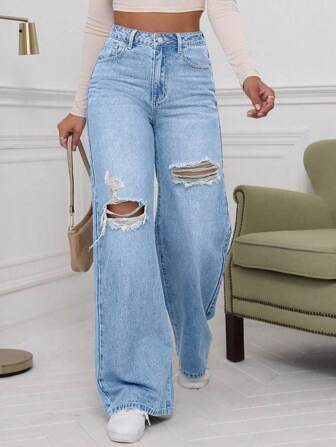 EMERY ROSE Plus Size Women's Non-Stretch Distressed Washed Denim Jeans, Loose Straight Leg Cargo Pants, Light Blue Cowboy Outfits Elegant Outfit