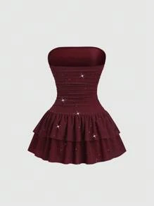 Sweetra 全新闪亮面料优雅通勤休闲蛋糕下摆露肩束腰迷你连衣裙，夏季 - 酒紅色 - 查看 2