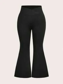 Slaydiva Plus Size Women's High Waist Crossover Design Flared Thermal Lined Leggings, Winter - Black - View 3