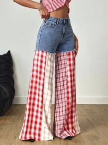 SHEIN Tall 女式高腰拼布格子阔腿牛仔裤 - 彩色 - 查看 5
