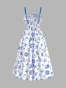 SHEIN MOD Váy midi dây lượn sóng in hình sinh vật biển xanh trắng cỡ lớn. Váy mùa hè cho nữ, Váy sinh nhật cho nữ, Váy cho nữ - Xanh và trắng - Xem 2