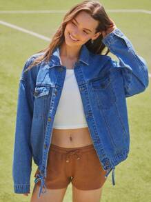 WESTFADE Collared Snap Button Front Drawstring Waist Long Sleeve 91% Cotton Denim Bomber Jacket Back To School Cute Fall - Medium Wash - View 2