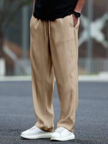 Manfinity Hypemode 男士口袋抽绳腰直筒宽松休闲裤男宽松版型裤子男S宽松直筒休闲裤宽松卡其裤男街头潮流裤韩版裤子男，秋季 - 卡其色 - 查看 3