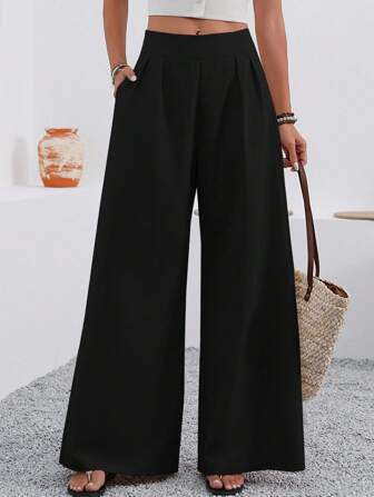 EMERY ROSE Solid Color Loose Wide Leg Elegant Pants With Pocket Fall Cloth For Women