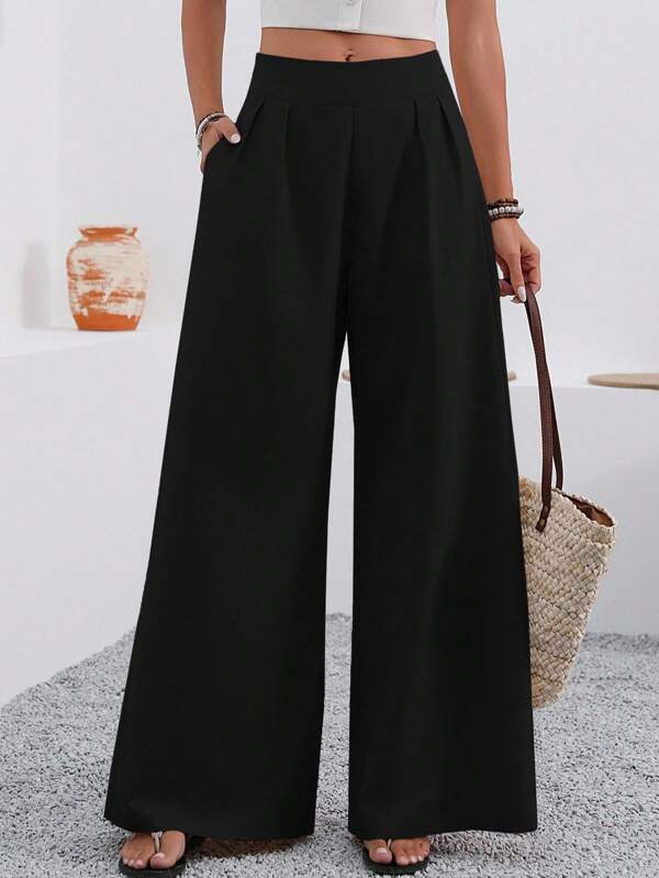 EMERY ROSE Solid Color Loose Wide Leg Elegant Pants With Pocket