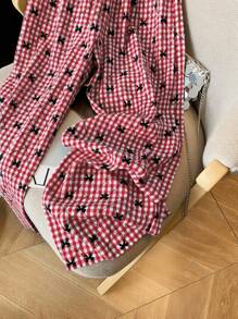 SHEIN Clasi 25 件新款复古法式格纹松紧腰直筒裤，百搭 - 紅白色 - 查看 5