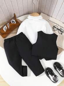 SHEIN 3pcs Baby Boys Gentleman Suit Set, Double-Breasted Vest + Casual Pants + Black Bowknot, Excluding Shirt, Fashion Elegant Stylish, Comfortable Fabric, Suitable For Spring/Autumn, Best For Daily, Party, Wedding, Christening, Performance, Events Fall Winter