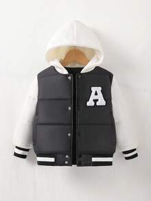 SHEIN 1pc Young Boy Kids Casual Black & White Patchwork Long Sleeve Hooded Loose Cotton Jacket, Regular Fit, New Autumn/Winter Back To School Fall - Black and White - View 7