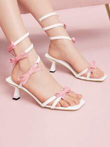 CUCCOO DOLLMOD Women's White High Heel Shoes, Kitten Heel Sandals, Bow Decor Strappy High Heels, Lace-Up High Heels, Party High Heels - White - View 4