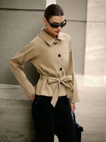 Hanevo Khaki Long Sleeve Belted Collar Women's Regular Jacket Fall Winter Cloth For Women - Khaki - View 4