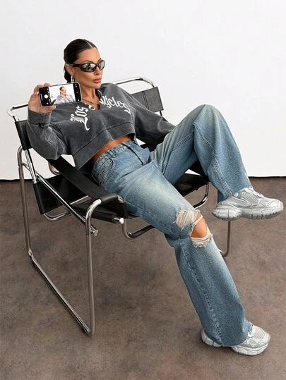 EURMUSE Blugi de damă la modă, casual, spălați, distressați, cu buzunare înclinate, lejeri