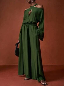 Zivah 2025新款秋季秋夏日常约会通勤商务淑女优雅沙滩邮轮派对简约网红爆款生日派对高端派对交叉领露肩露胸荷叶边长袖喇叭袖宽松上衣+阔腿裤超宽松长裤套装深军绿色女士两件套-A - 軍綠色 - 查看 7