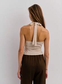 Nöista 浅色条纹露背上衣，带有蝴蝶结细节和前纽扣 - 非常适合乡村女装、校服和秋季女装。 - 棕色 - 查看 2