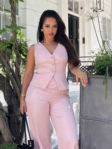 NegzBox Women's Elegant Sleeveless Suit Vest And Pants Set, Business/Commuter Style, Summer - Pink - View 6