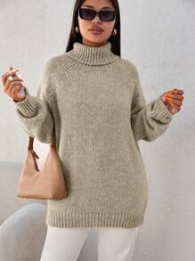 EURMUSE Plus Turtleneck Raglan Sleeve Sweater - Beige - View 3