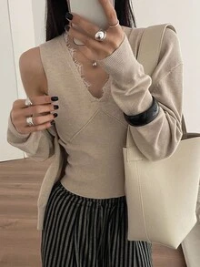 DAZY 2 件套女士纯色长袖宽松针织开衫和撞色蕾丝无袖针织上衣套装秋季 - 杏色 - 查看 5