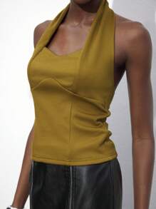 Maija 女士橄榄绿色文胸罩杯镂空挂脖百搭舒适休闲背心，带胸前隔层设计，节日 - 軍綠色 - 查看 4