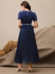 Anewsta Đầm dài tay phồng xếp ly họa tiết hoa 3D đính hạt thanh lịch dành cho nữ, váy maxi vải chắp vá, thắt eo, dự tiệc xuân/hè/tốt nghiệp - Màu xanh hải quân - Xem 2