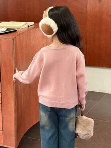 SHEIN Little Byeori Suéter de cuello redondo con estampado de oso para niña, top casual escolar, suéter de punto lindo con gráfico de oso para invierno - Multicolor - Ver 4