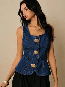 Poéselle 女士夏季时尚大花朵纽扣装饰方领收腰牛仔吊带背心