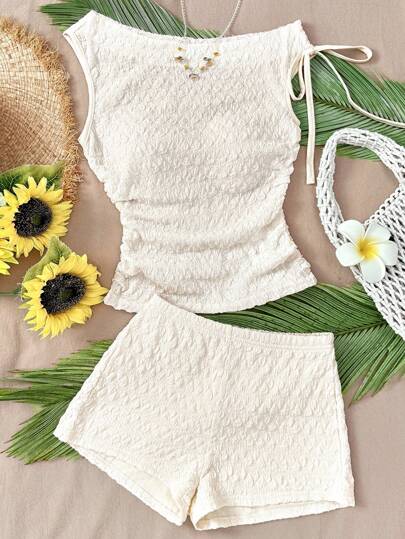 SHEIN Kids  Teen Girls 2 Pieces Set: Beige Knit Puff Sleeve Asymmetrical Neck Top With Tie Waist And Mini Shorts, Suitable For Party, Urban Street, Road Trip, Summer Beach Holiday Summer Clothes Set Two Piece Set Summer Set White Summer Set Matching Set Girls Summer Se