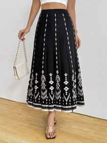 Elenzga Women's Elegant French Floral Print High Waist A-Line Pleated Knit Skirt - Black - View 7