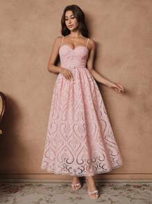 Savoree 粉色优雅浪漫女士细肩带纯色刺绣心形镂空骨束腰连衣裙，婚礼宾客礼服，仙女裙