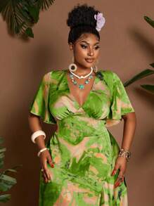 Maweii 大码扎染印花荷叶边下摆休闲度假连衣裙