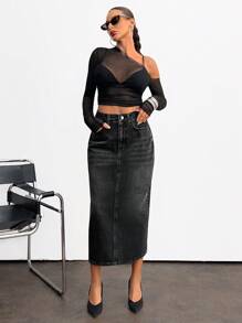 EURMUSE WOMEN HIGH WAIST SLIT DETAIL MAXI SKIRT 2000s Style - Black - View 6