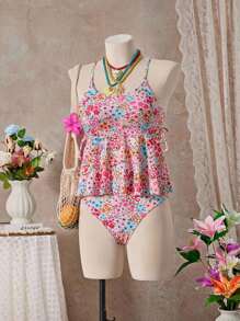 SHEIN Swim 女士高弹甜美碎花节日泳池派对比基尼套装，夏季海滩度假 - 彩色 - 查看 8