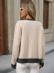 Brillora 女款撞色圆领长袖单排扣休闲针织开衫，女款针织开衫，双色开衫，休闲开衫，女款开衫，秋冬纽扣开衫 - 卡其色 - 查看 2