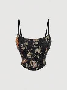 SHEIN MOD 女士优雅提花短款吊带背心，万圣节女巫紧身胸衣上衣 - 黑色 - 查看 2