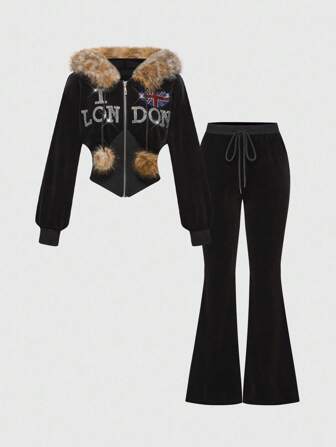 J-Fashion Set de 2 sudaderas con capucha de terciopelo con parches de strass y cuello de piel para mujer, para otoño/invierno