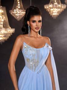 Glamrae 复古奢华蓝色手工串珠刺绣透明船领紧身胸衣腰部装饰系带后开衩 A 字型正式晚礼服（重度装饰） - 藍色 - 查看 8