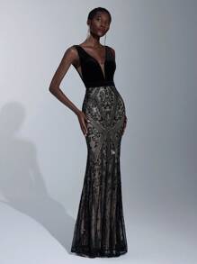 Elitara Elegant Black Sleeveless Deep V Velvet Patchwork Fine Flash Positioning Sequins Slim-Fit Fishtail Maxi Dresses Formal Evening Prom Wedding Guest Gown, For Graduation, Dinner Party Dress
