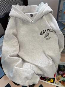 EMERY ROSE Plus Size Women's 'MALIBU' Letter & Sea Turtle Print Hot Selling Drawstring Sweatshirt Fall Winter Autumn - Light Grey - View 2